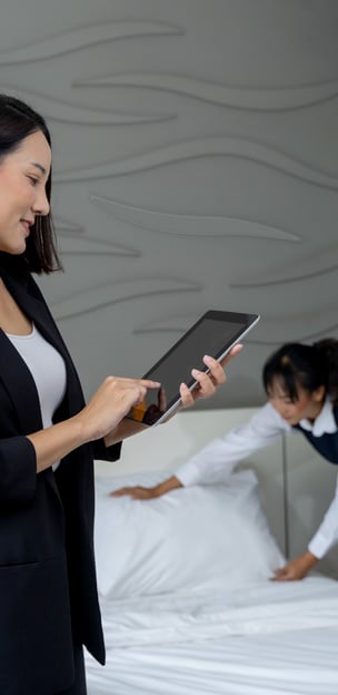 An electronic device tablet is used to control housekeeping