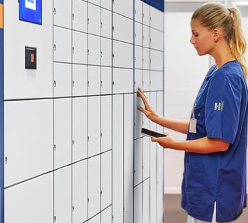 Nurse using a smart medical locker system for secure asset storage in hospitals.
