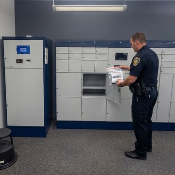 Uniformed officer securing evidence in an access-controlled electronic locker that ties each deposit to an identified user