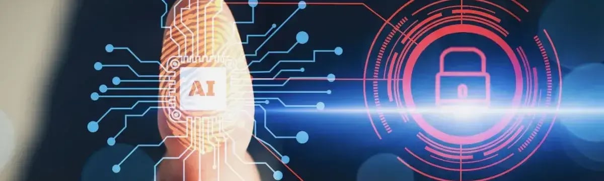 A fingerprint scanner with an AI microchip embedded, surrounded by digital circuit lines, symbolizing AI-driven security advancements and potential risks in 2025