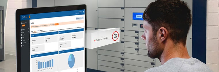 Reviewing intelligent locker system dashboard to assess critical faults and key asset performance KPIs for operational decision-making