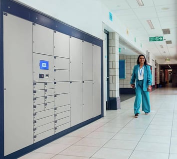 Smart school locker system with digital access control for securing laptops and tablets, featuring RFID, PIN, and biometric authentication for enhanced school device security.