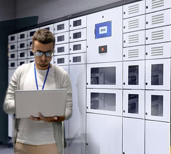 Automated laptop and tablet locker system enabling 24/7 self-service device access for students, providing secure and convenient technology distribution on campus.
