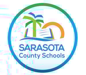 Sarasota County Schools logo with book, palm tree, and sun design - education branding, school district emblem, academic logo