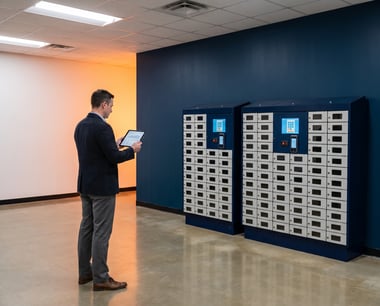 Facility manager reviewing a theft prevention audit dashboard in front of an intelligent locker