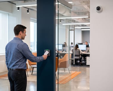 Employee badging through an access-controlled door in a modern facility, showing layered theft prevention in practice