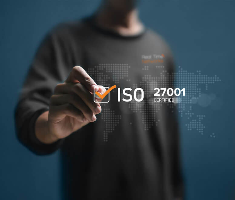 Close-up of a professional interacting with a digital interface displaying ISO 27001 certification, symbolizing commitment to global information security standards.