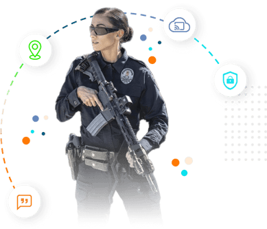 Police officer equipped with rifle, surrounded by icons symbolizing real-time tracking, secure access, and weapons management technology