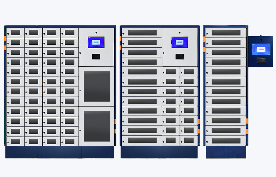 AssetTracer Intelligent Lockers for IT asset management, showing modular compartments with RFID sensors for secure laptop and mobile device storage.