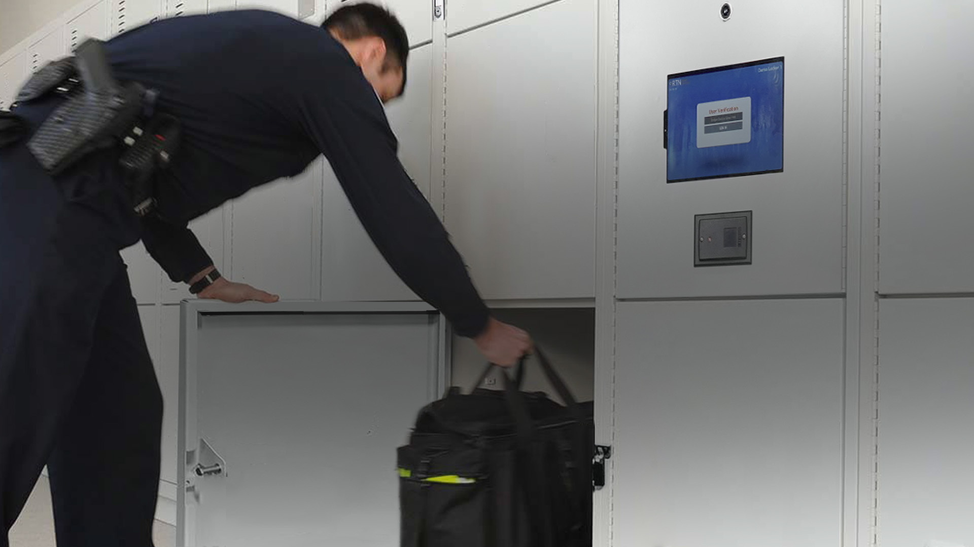 Police Officer Using a Smart Locker to Store Gear and Weapons