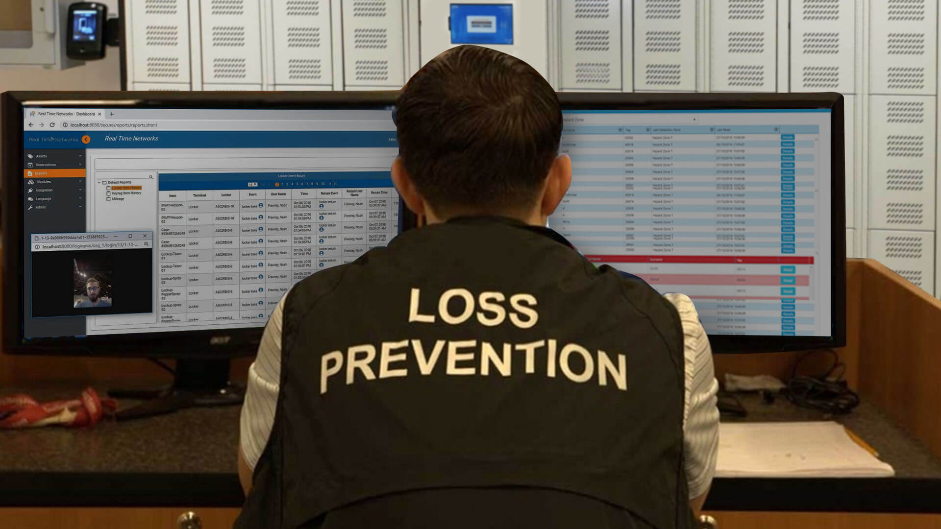 Loss prevention administrator monitoring business assets.