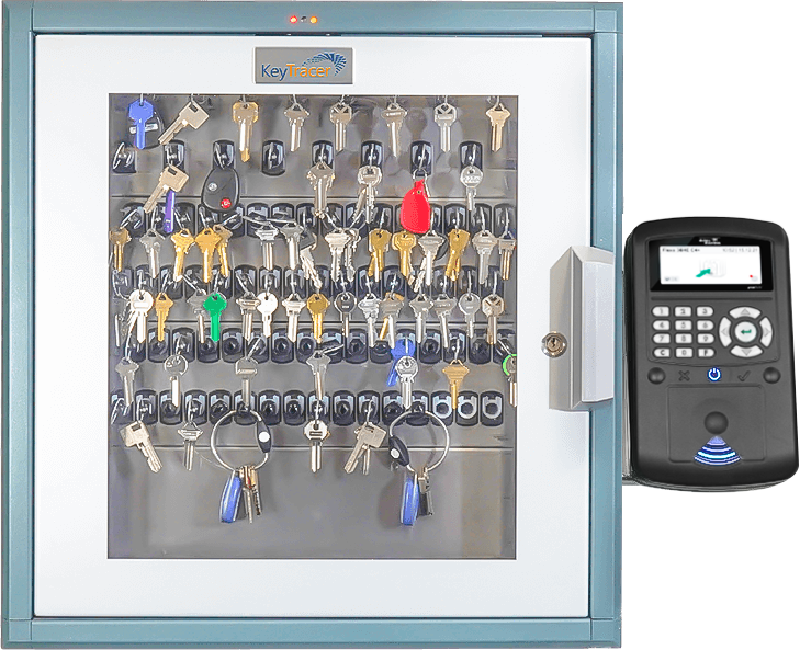 KeyTracer electronic key cabinet with secure login terminal for IT departments, used to control and track access to company server keys and data center facilities.