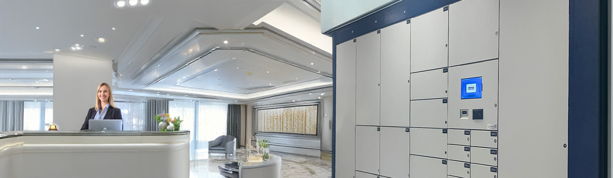 Intelligent locker system for secure asset storage in a hotel lobby environment supporting hospitality operations
