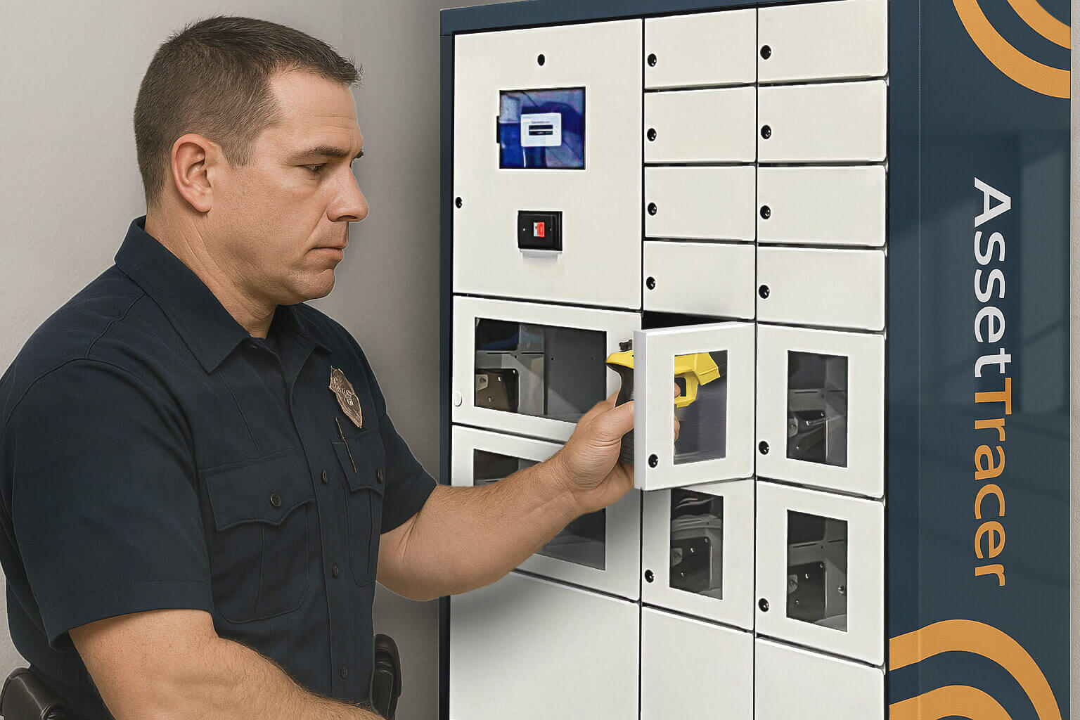 Law enforcement officer retrieving a secured weapon from an AssetTracer intelligent locker system for police equipment tracking