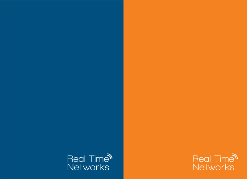 Real Time Networks logos positioned in the bottom corner of full orange and blue background blocks, showing acceptable placement.
