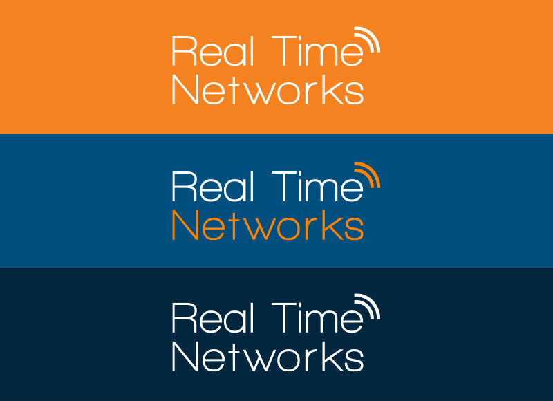 Real Time Networks logos displayed on orange, blue, and dark blue backgrounds, demonstrating approved color variations.