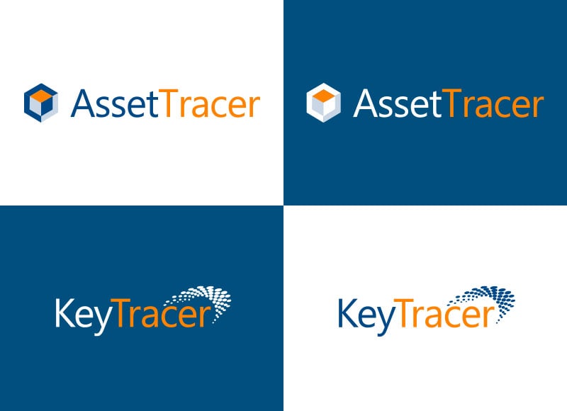 Approved logo variations for AssetTracer and KeyTracer products, showing both icon and wordmark combinations in blue and orange.